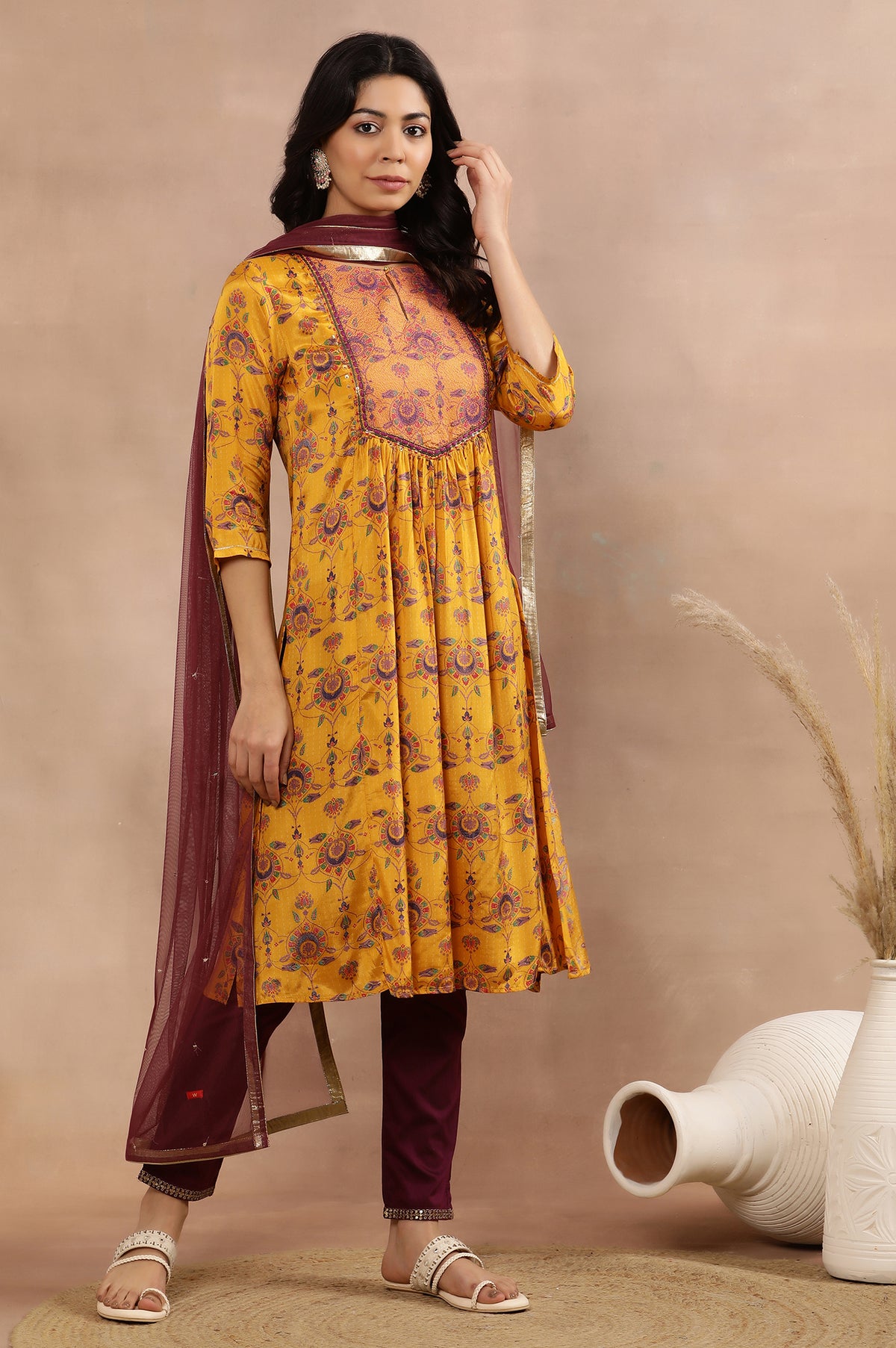 Yellow Printed Shantung Kurta, Pants And Dupatta Set - XS