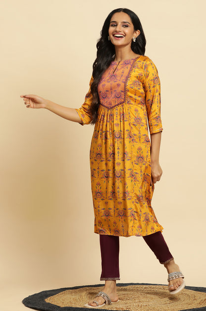 Yellow Floral Suzani Print Sequined Straight Shantung Kurta