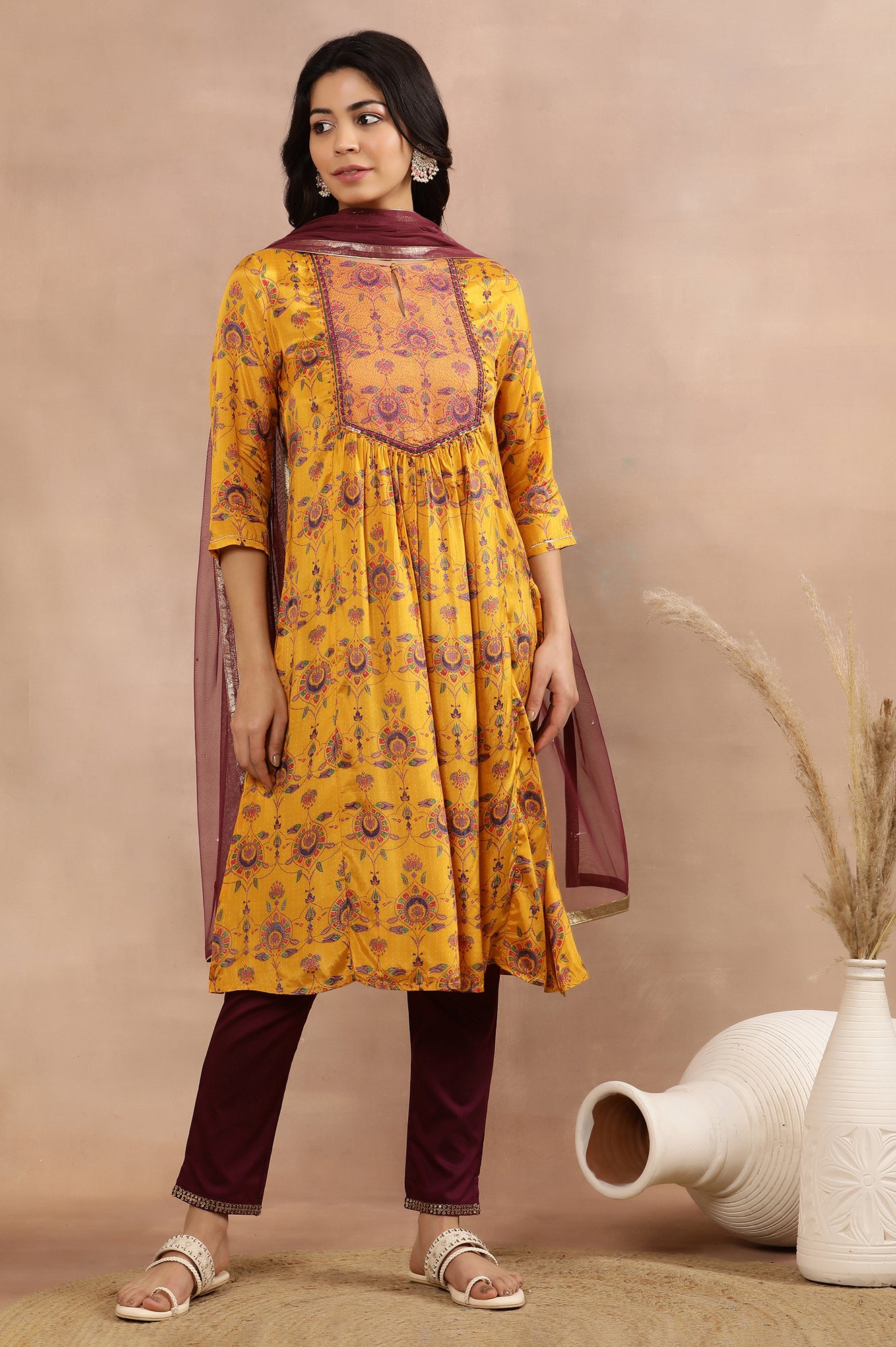 Yellow Printed Shantung Kurta, Pants And Dupatta Set