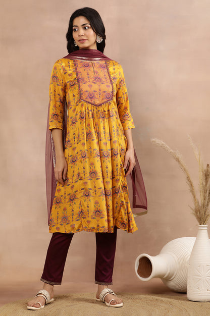 Yellow Printed Shantung Kurta, Pants And Dupatta Set