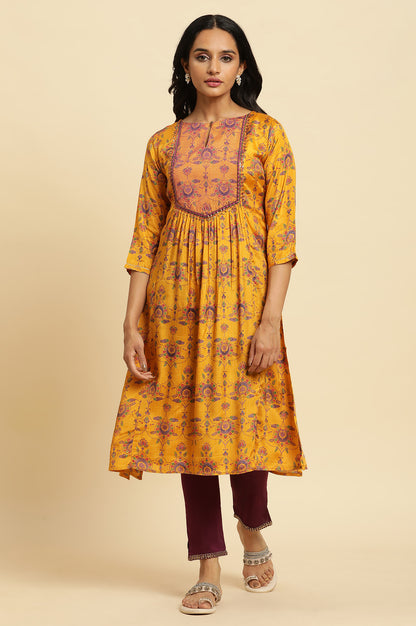 Yellow Floral Suzani Print Sequined Straight Shantung Kurta