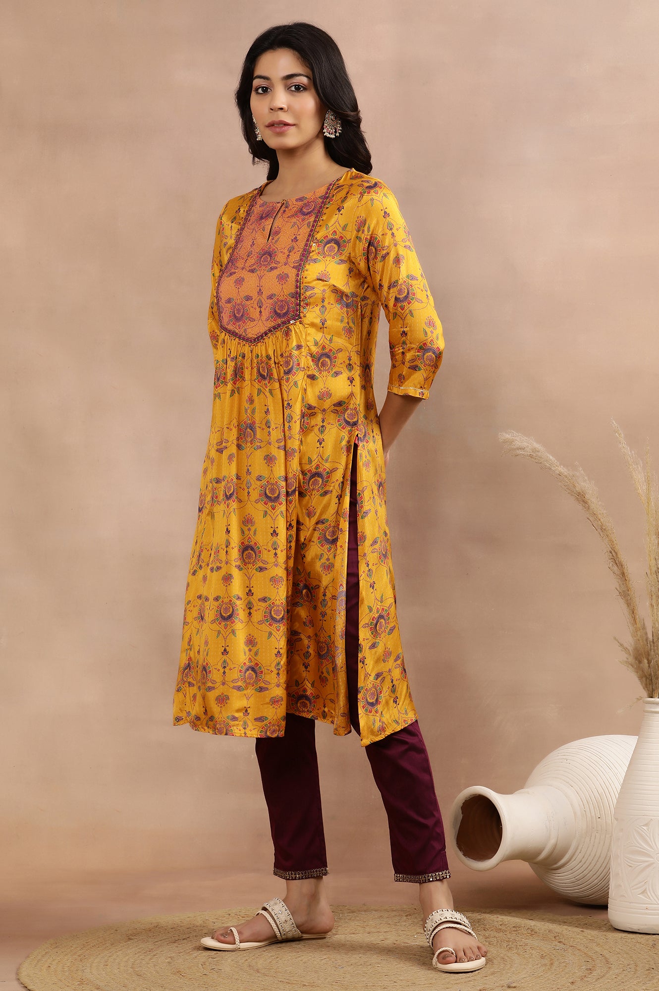 Yellow Printed Shantung Kurta, Pants And Dupatta Set