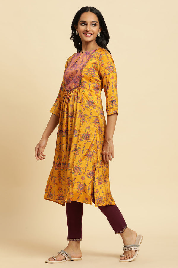 Yellow Floral Printed Sequined Shantung Straight Kurta