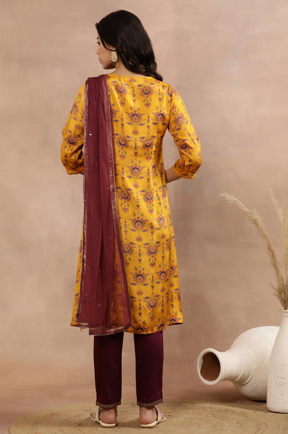 Yellow Printed Shantung Kurta, Pants And Dupatta Set