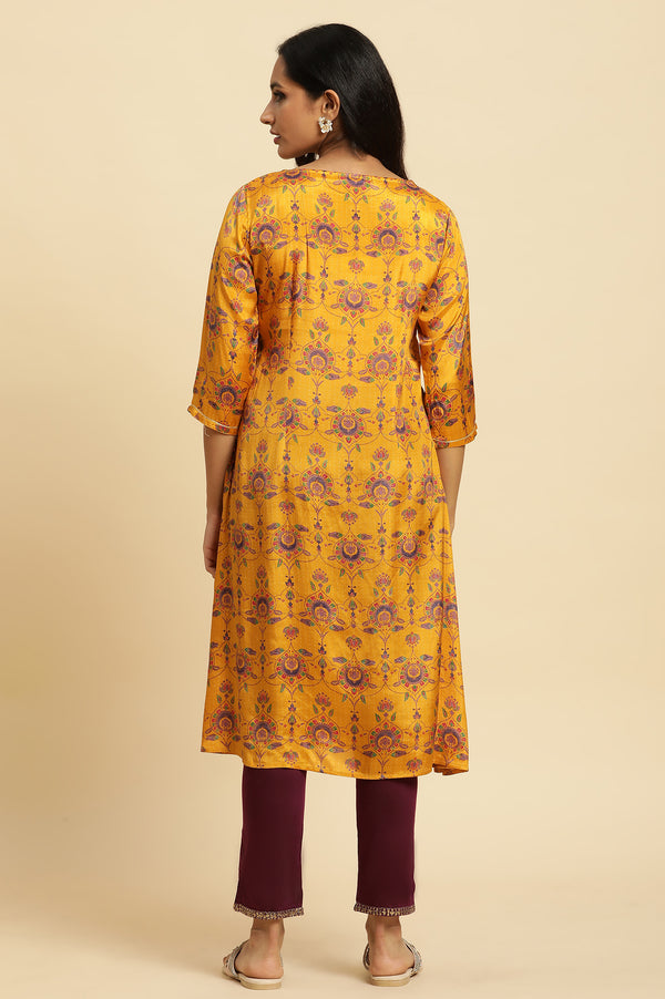 Yellow Floral Printed Sequined Shantung Straight Kurta