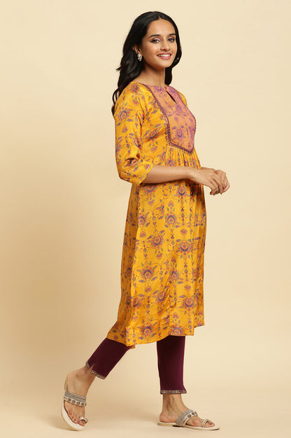 Yellow Floral Suzani Print Sequined Straight Shantung Kurta