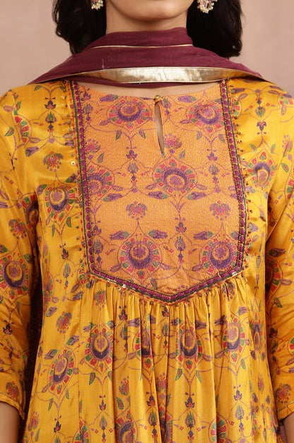 Yellow Printed Shantung Kurta, Pants And Dupatta Set