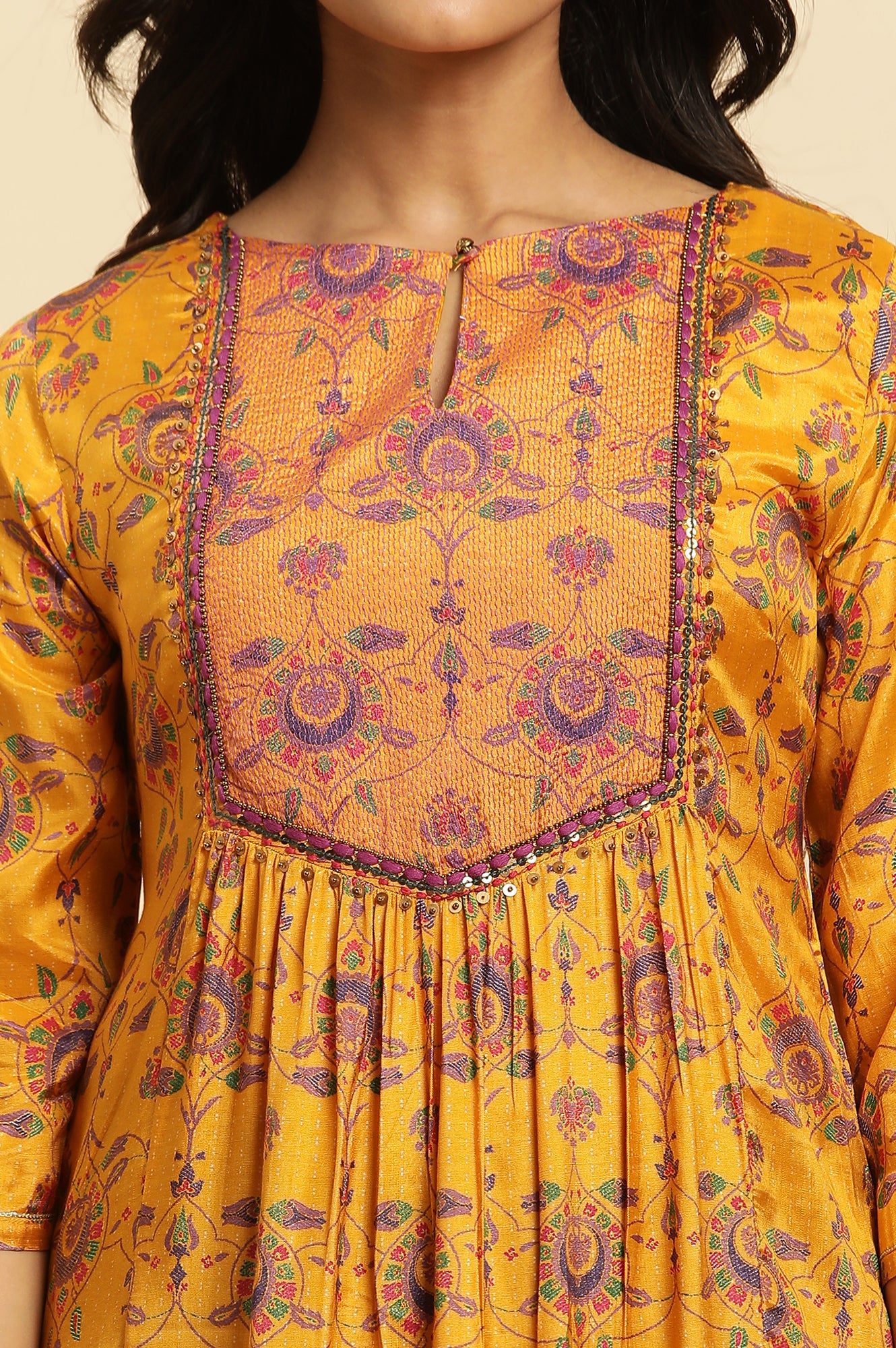 Yellow Floral Suzani Print Sequined Straight Shantung Kurta