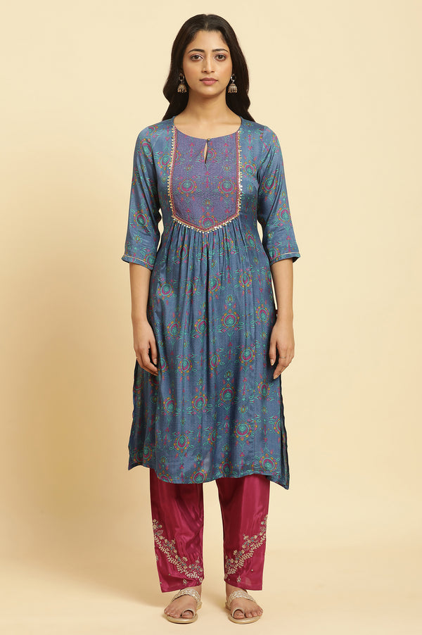 Blue Floral Printed Sequined Shantung Straight Kurta
