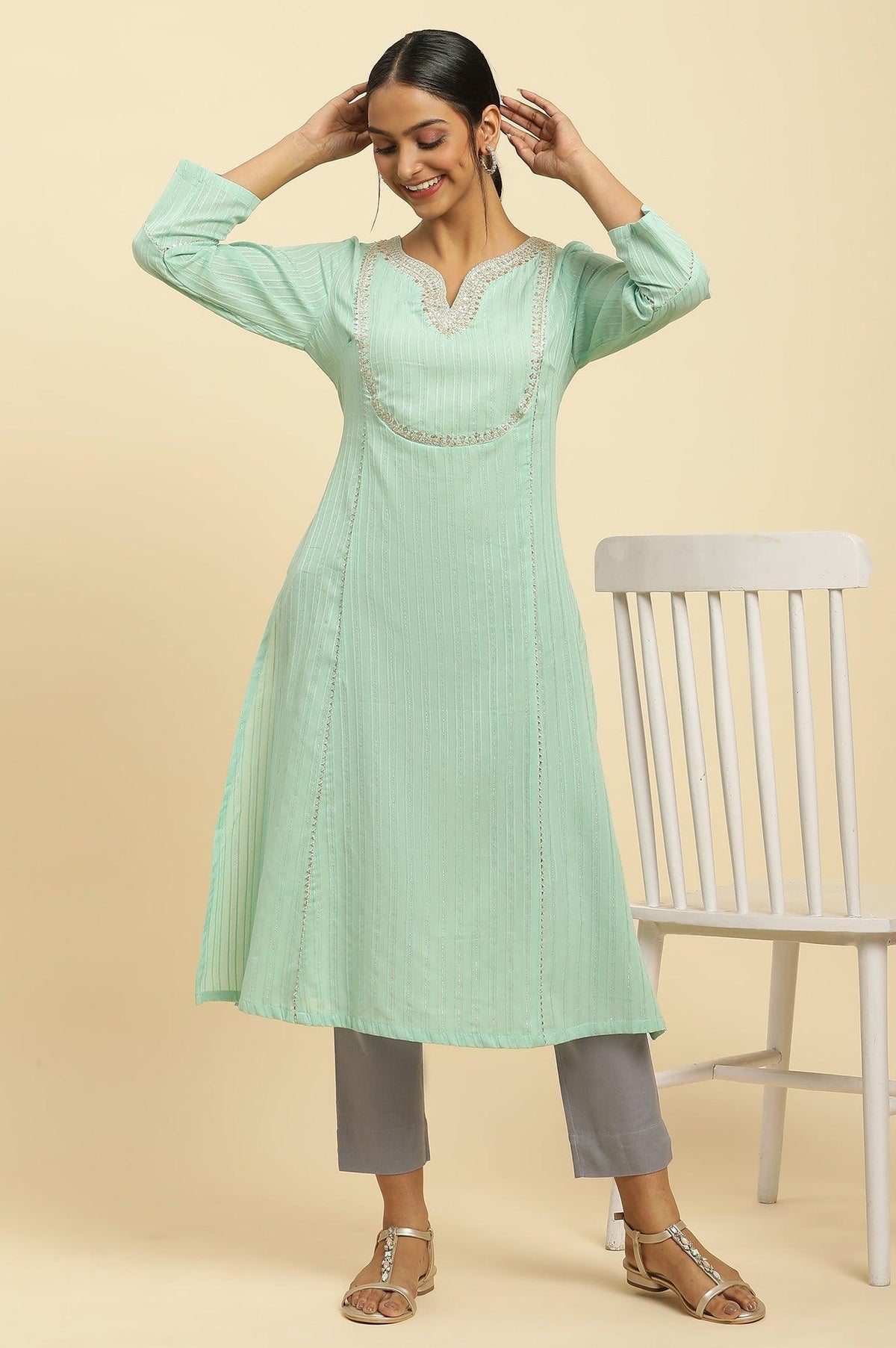 Mint Blue Embroidered Heavy Festive Kurta - XS