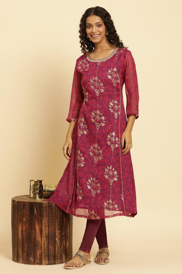 Purple Floral Printed Kurta With Zari Embroidery