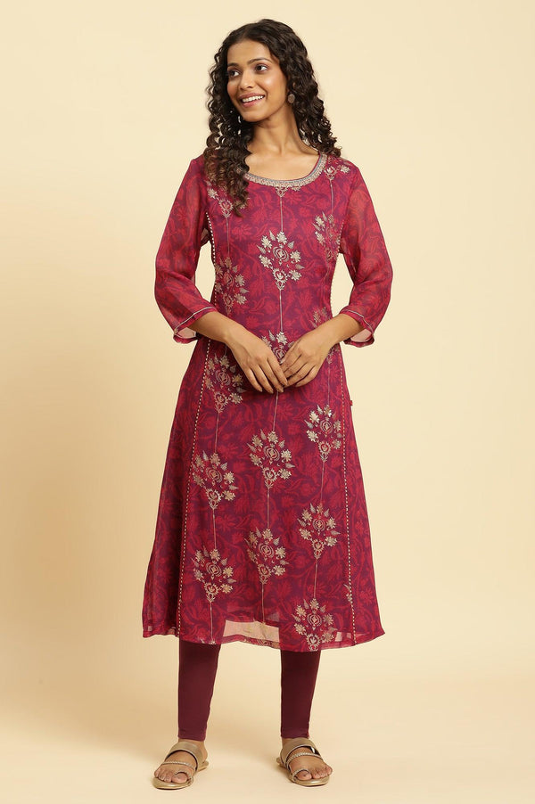 Purple Floral Printed Kurta With Zari Embroidery
