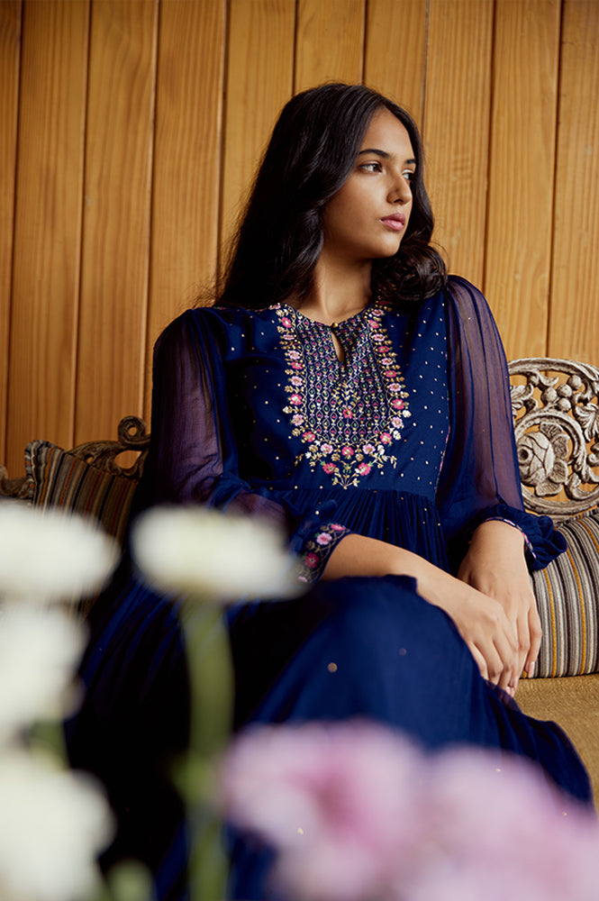 Navy Blue Chiffon Dress with Embroidered Yoke