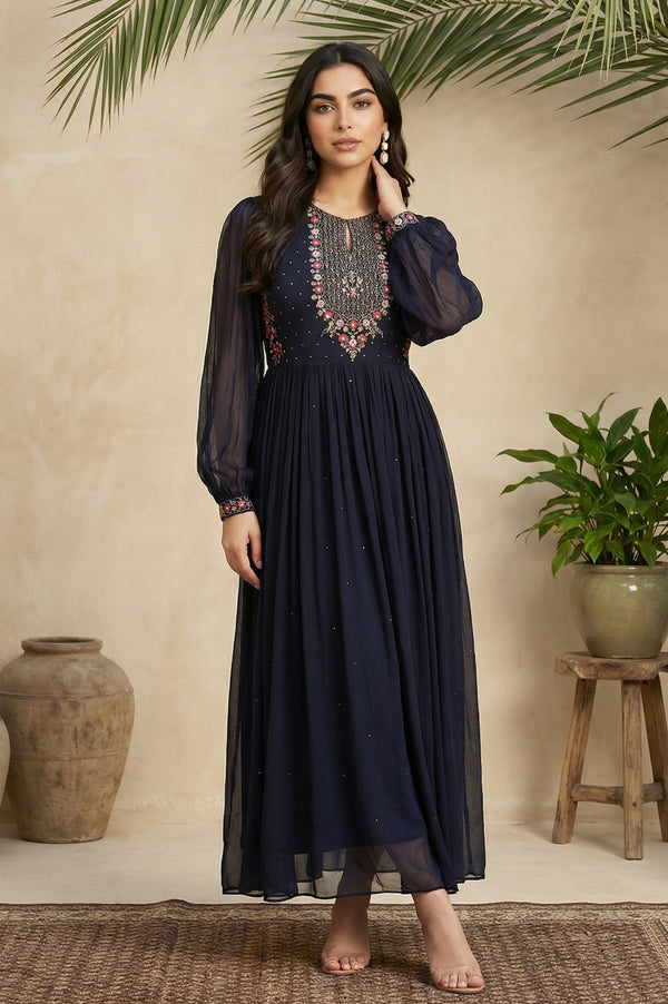 Navy Blue Chiffon Dress with Embroidered Yoke