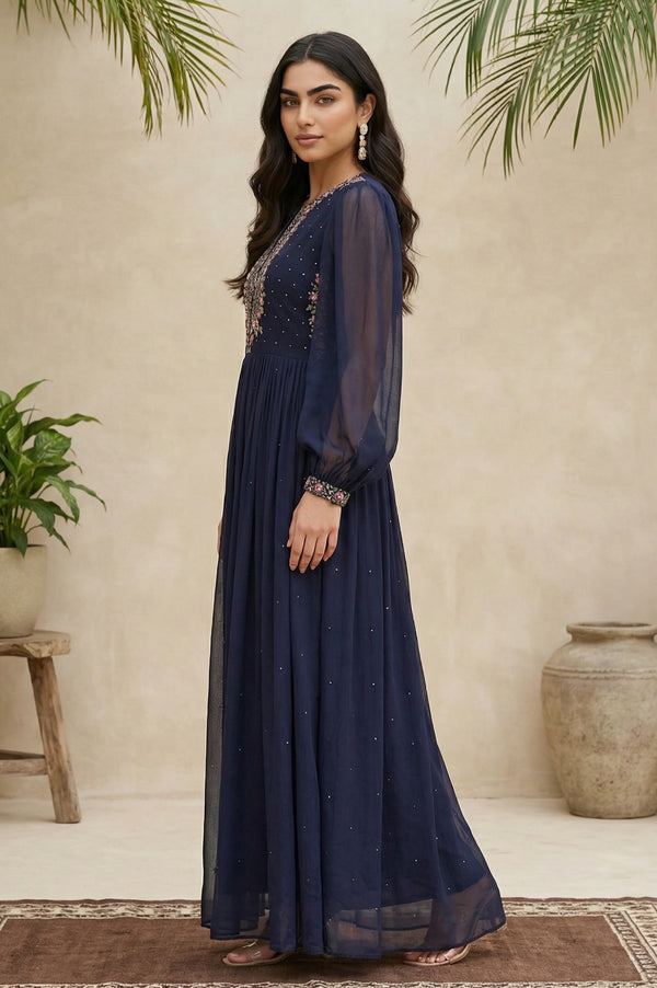 Navy Blue Chiffon Dress with Embroidered Yoke