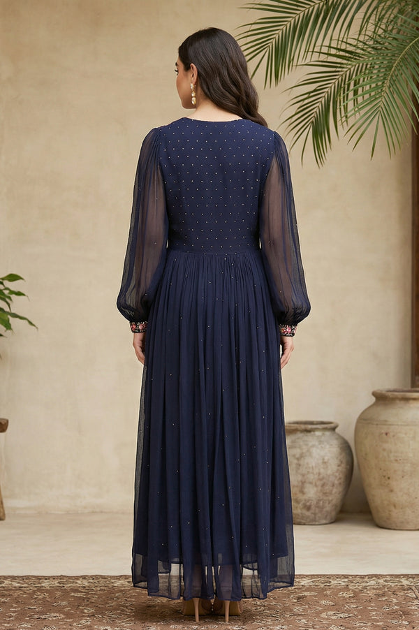 Navy Blue Chiffon Dress with Embroidered Yoke