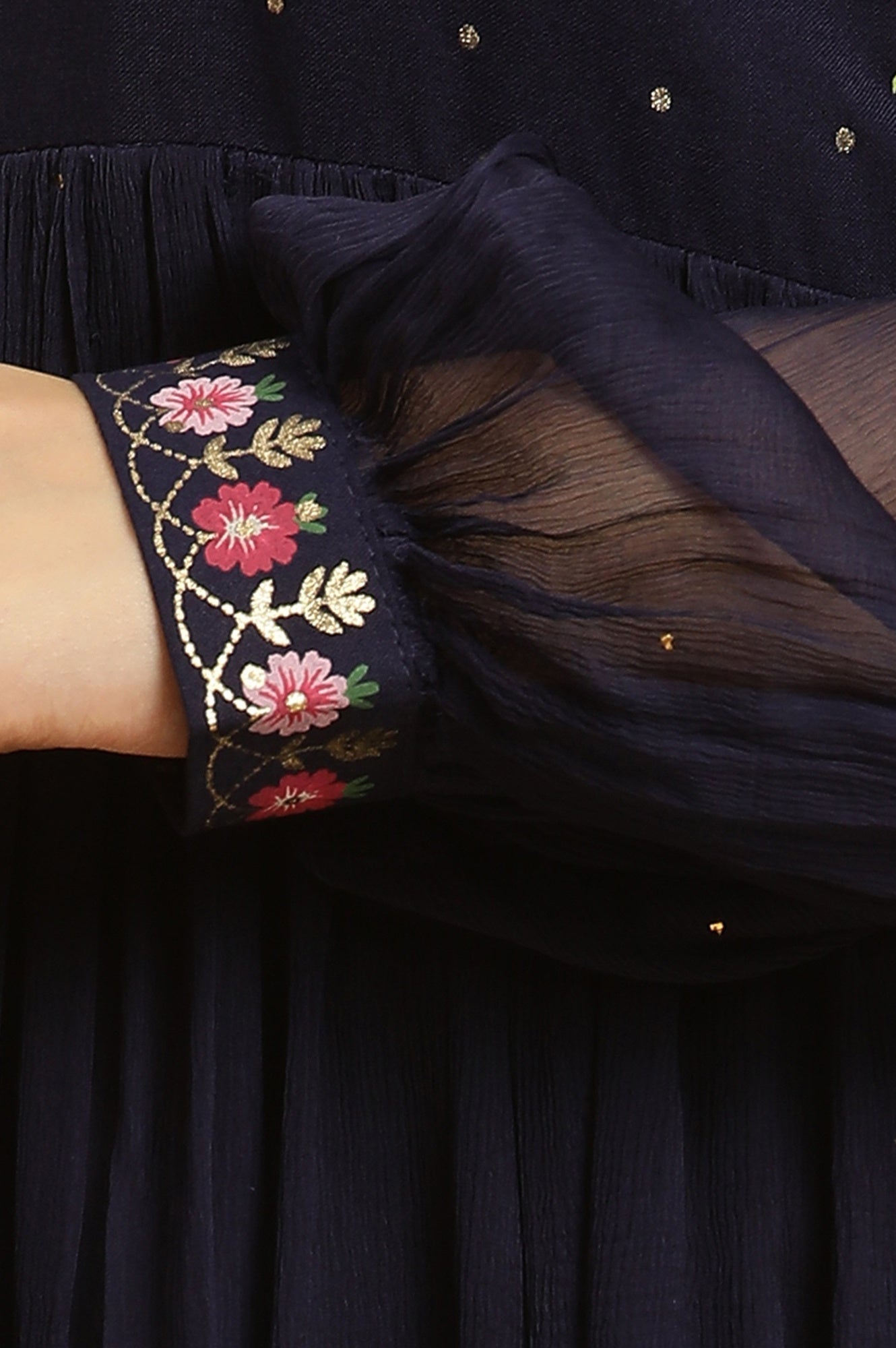 Navy Blue Chiffon Dress with Embroidered Yoke