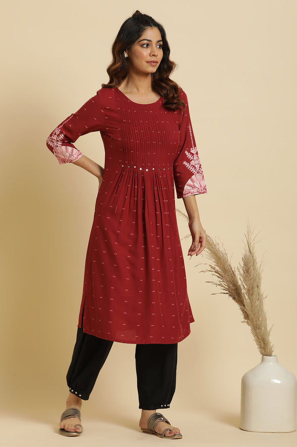 Maroon Flared Kurta with Bandhani Tie Dye Detail