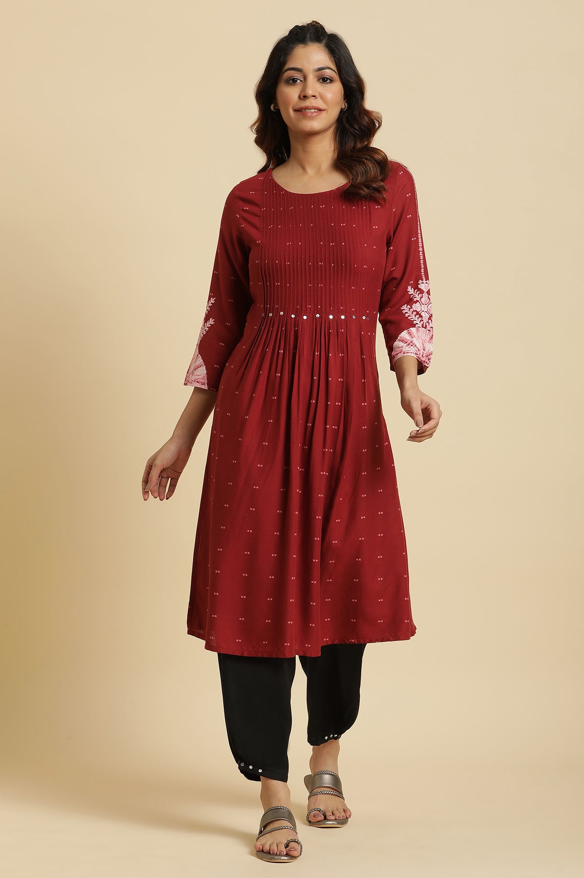 Maroon Flared Kurta with Bandhani Tie Dye Detail