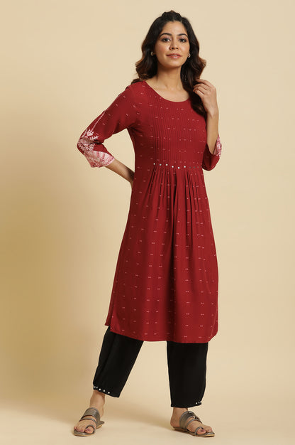 Maroon Flared Kurta With Bandani &amp; Tie-Dye Detail