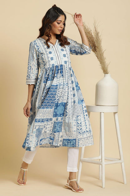 Ecru Flared Kurta With Blue Geometric Print - wforwoman