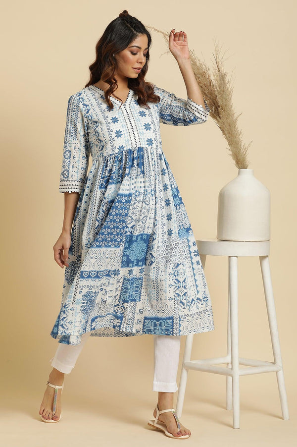 Ecru Flared Kurta With Blue Geometric Print