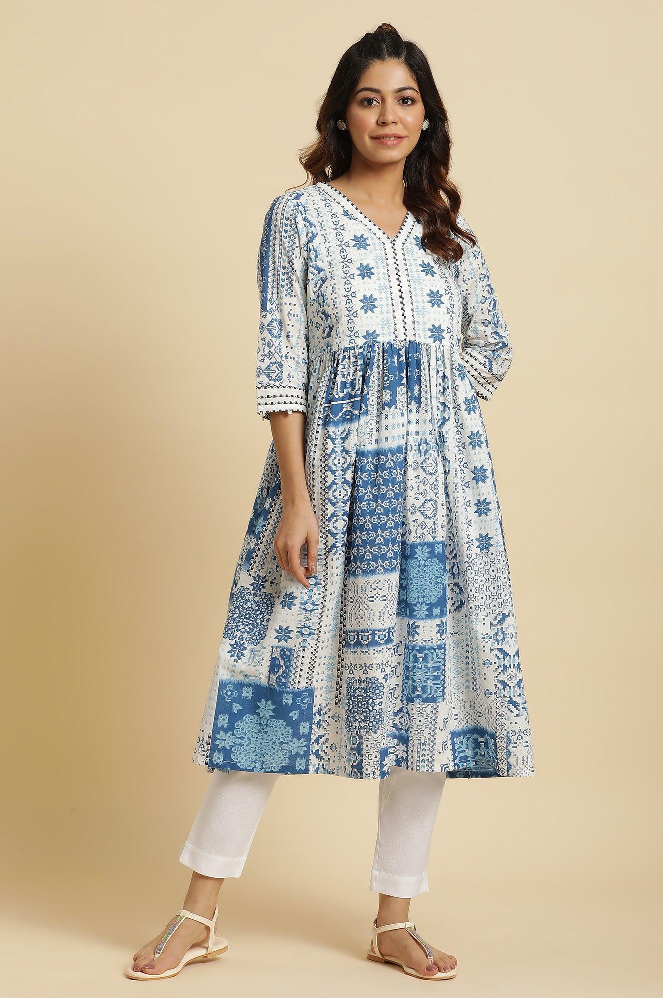 Ecru Flared Kurta With Blue Geometric Print - wforwoman