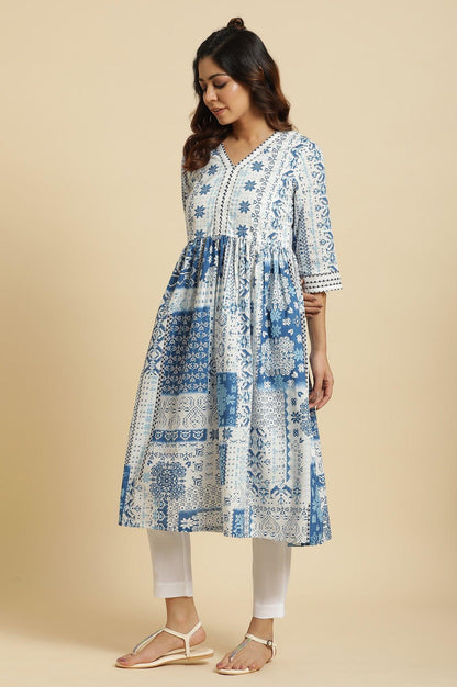 Ecru Flared Kurta With Blue Geometric Print - wforwoman
