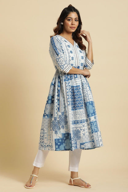 Ecru Flared Kurta With Blue Geometric Print - wforwoman