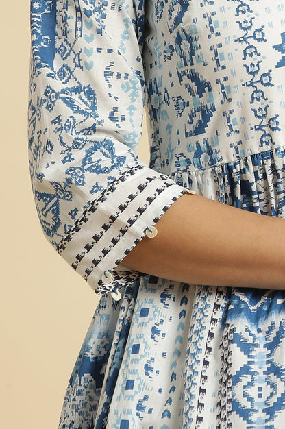 Ecru Flared Kurta With Blue Geometric Print - wforwoman