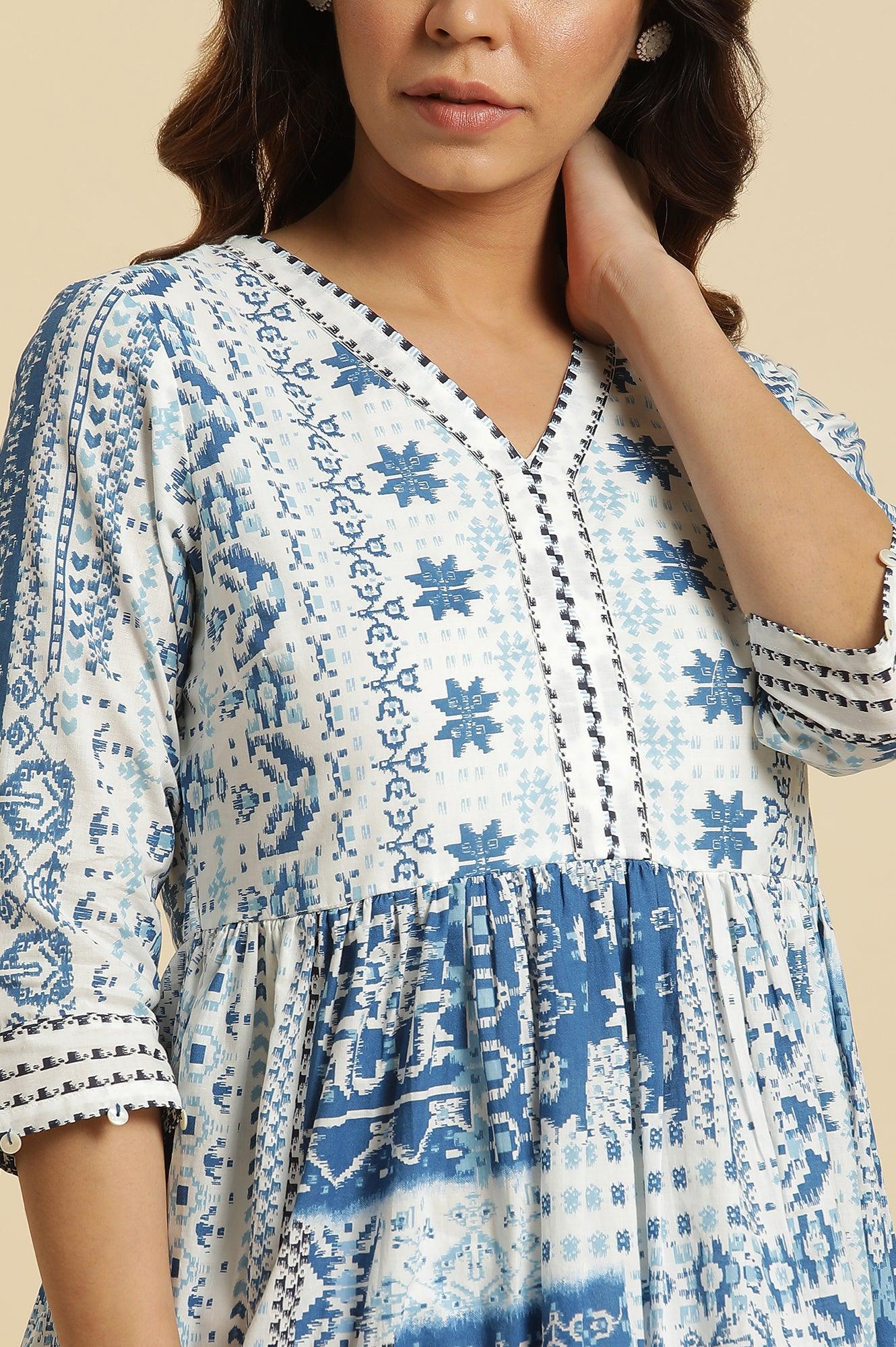 Ecru Flared Kurta With Blue Geometric Print - wforwoman