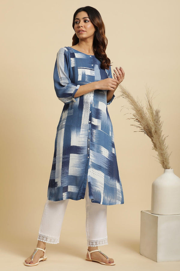 Blue Abstract Printed Straight Rayon Crepe Kurta