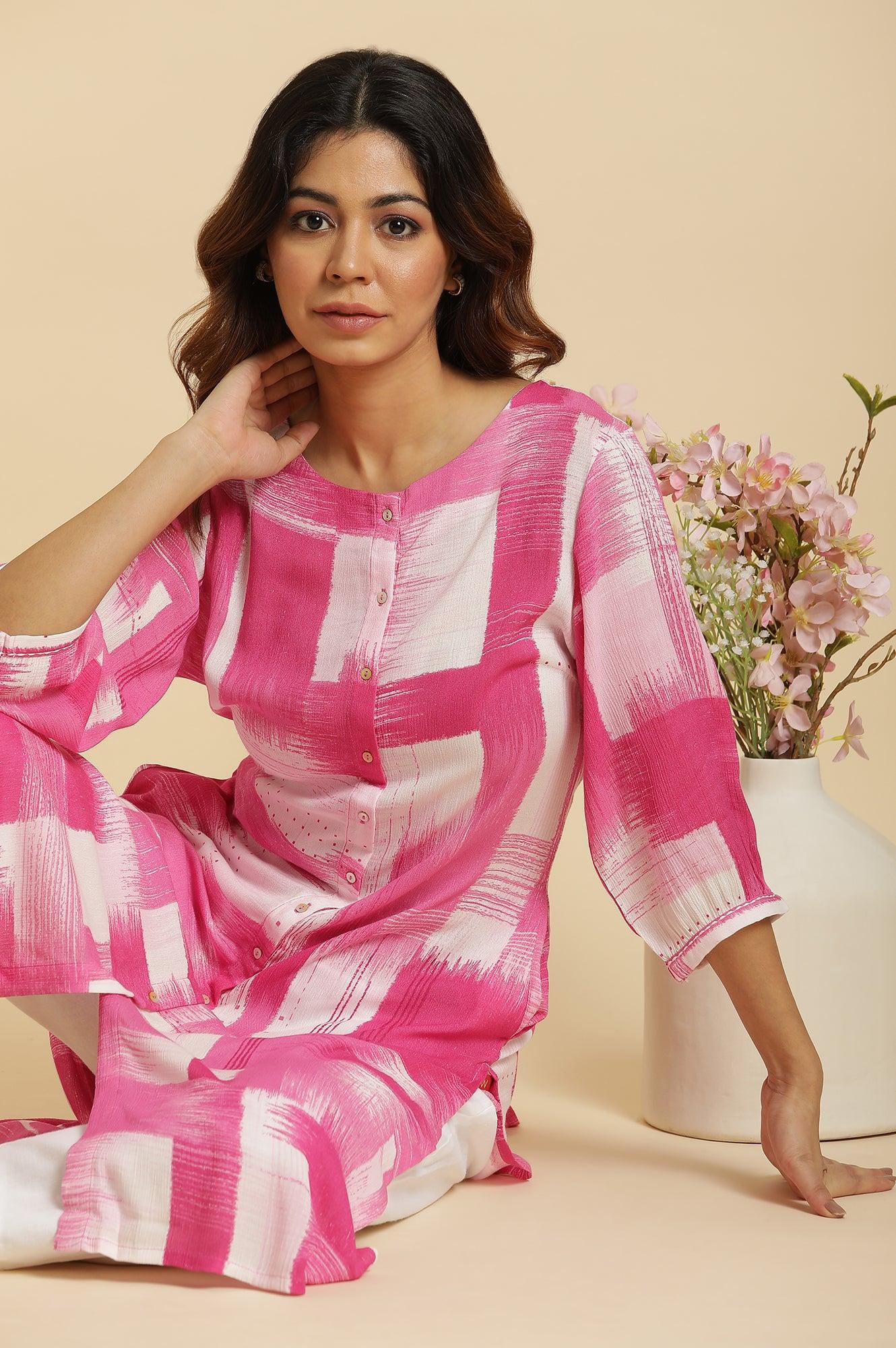 Pink &amp; White Abstract Print Kurta - wforwoman