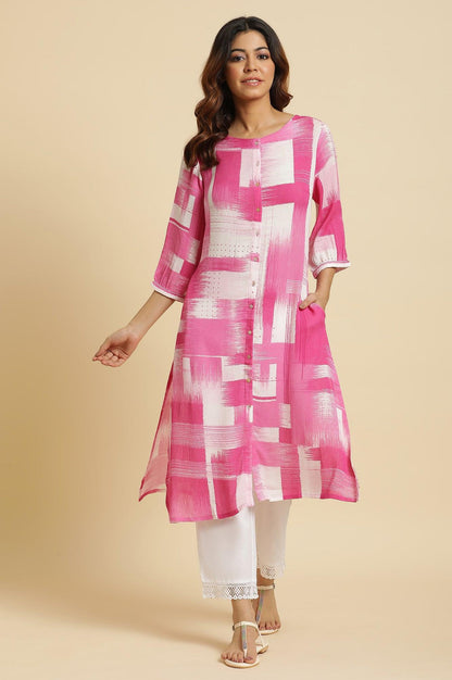 Pink &amp; White Abstract Print Kurta - wforwoman