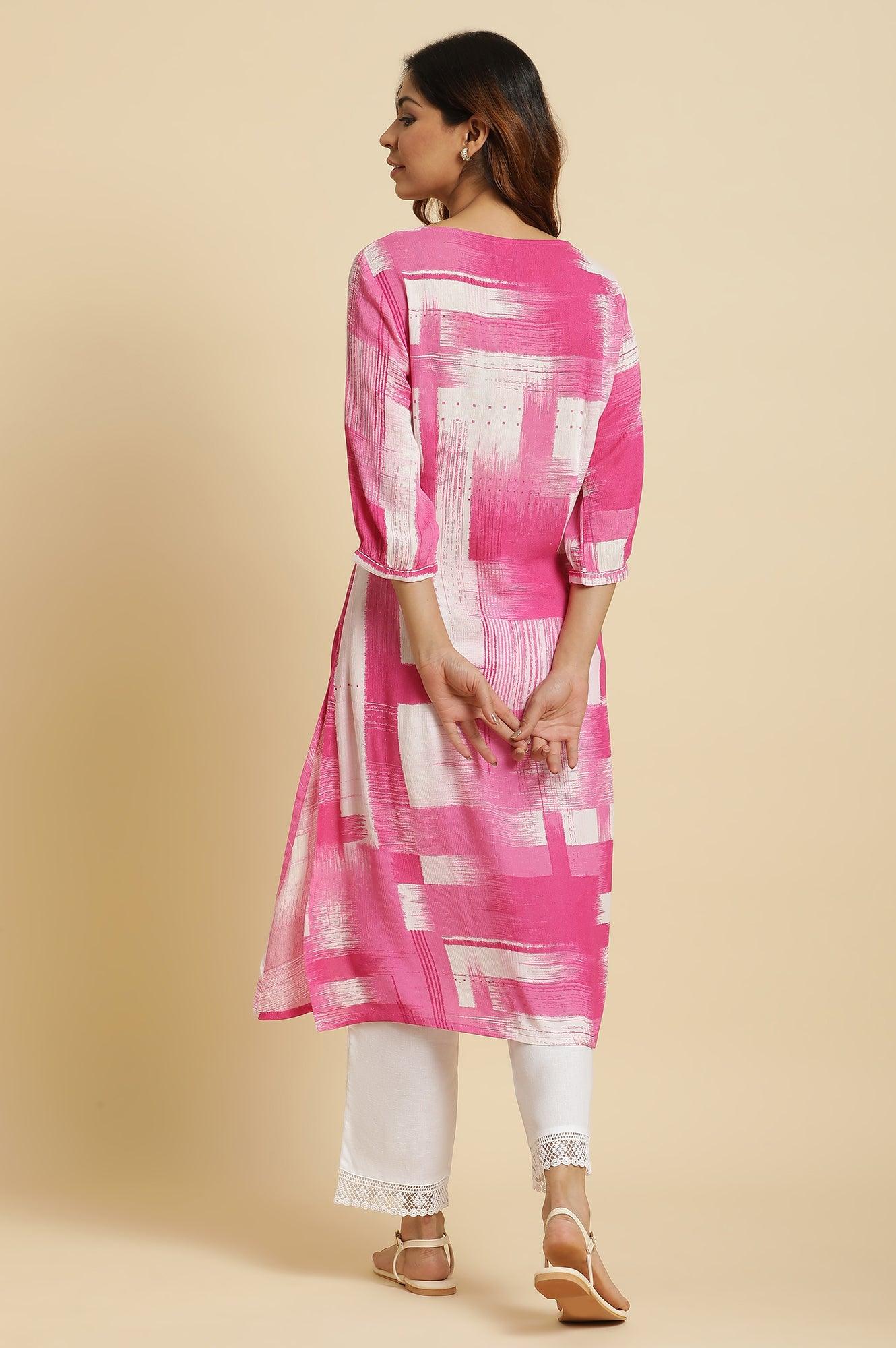 Pink &amp; White Abstract Print Kurta - wforwoman