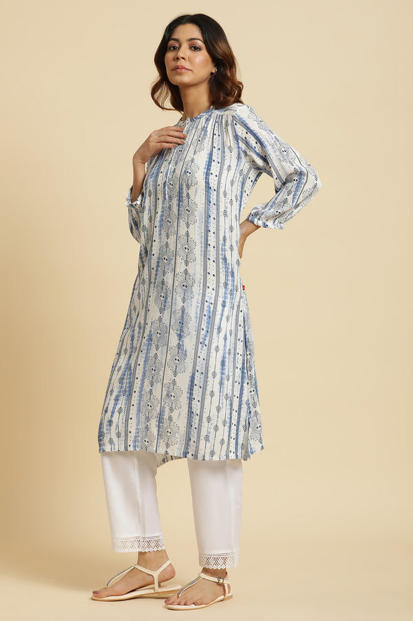 White and Blue Abstract Printed Mandarin Collar Straight Kurta