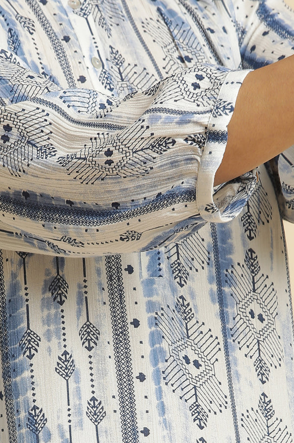 White and Blue Abstract Printed Mandarin Collar Straight Kurta