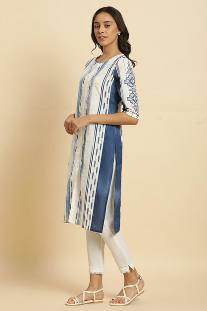 White &amp; Blue Kantha Printed Kurta - wforwoman