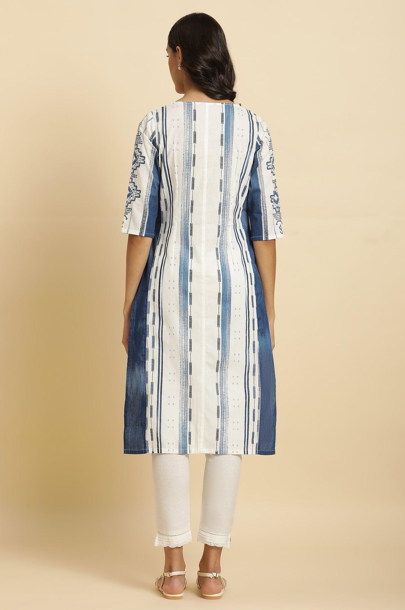 White &amp; Blue Kantha Printed Kurta - wforwoman