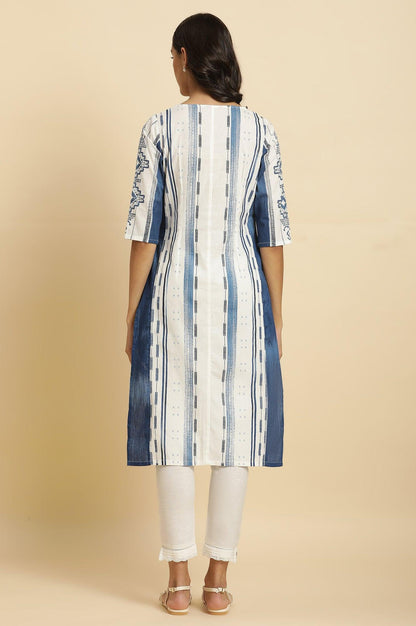 White &amp; Blue Kantha Printed Kurta - wforwoman