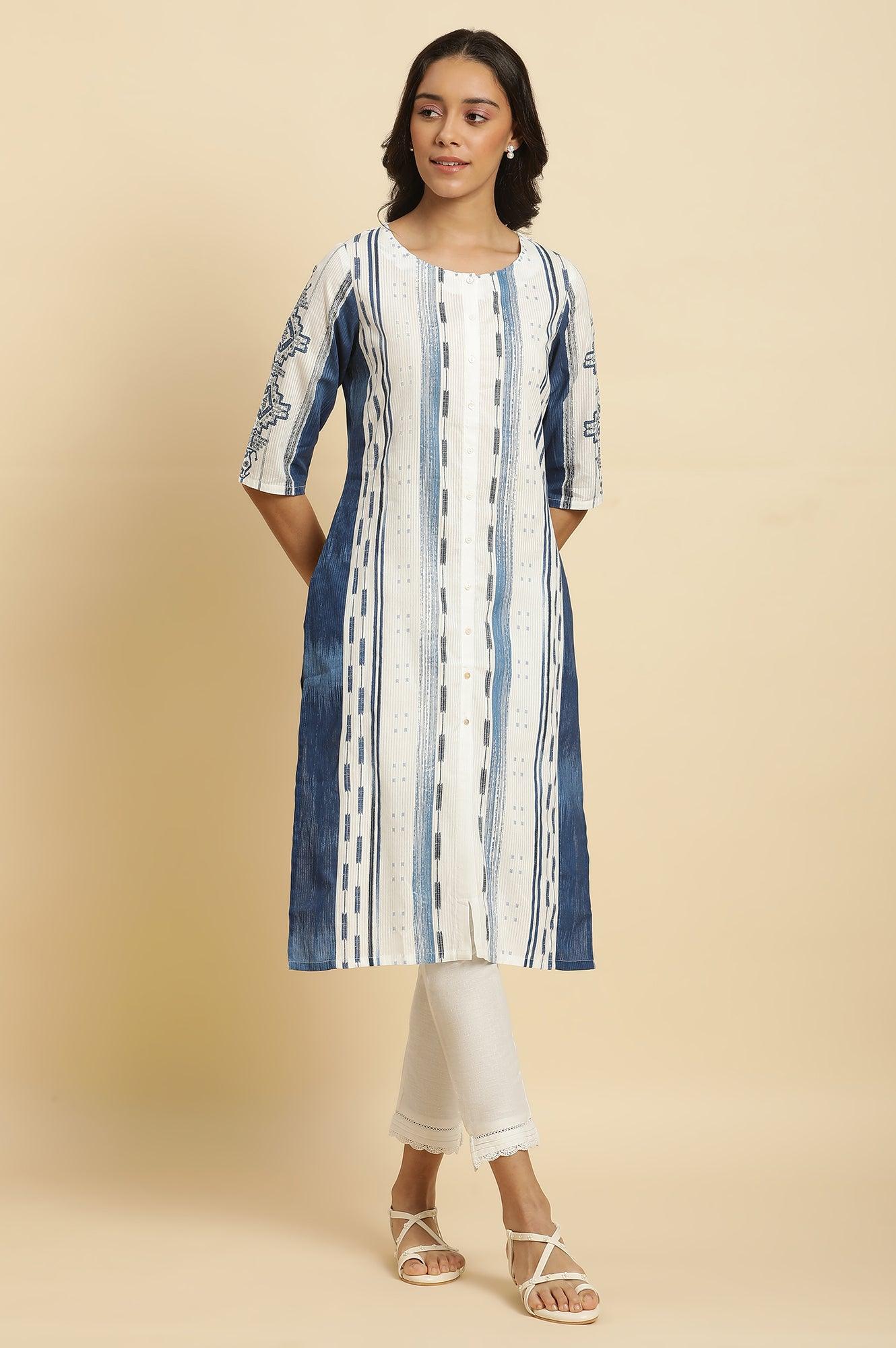 White &amp; Blue Kantha Printed Kurta - wforwoman