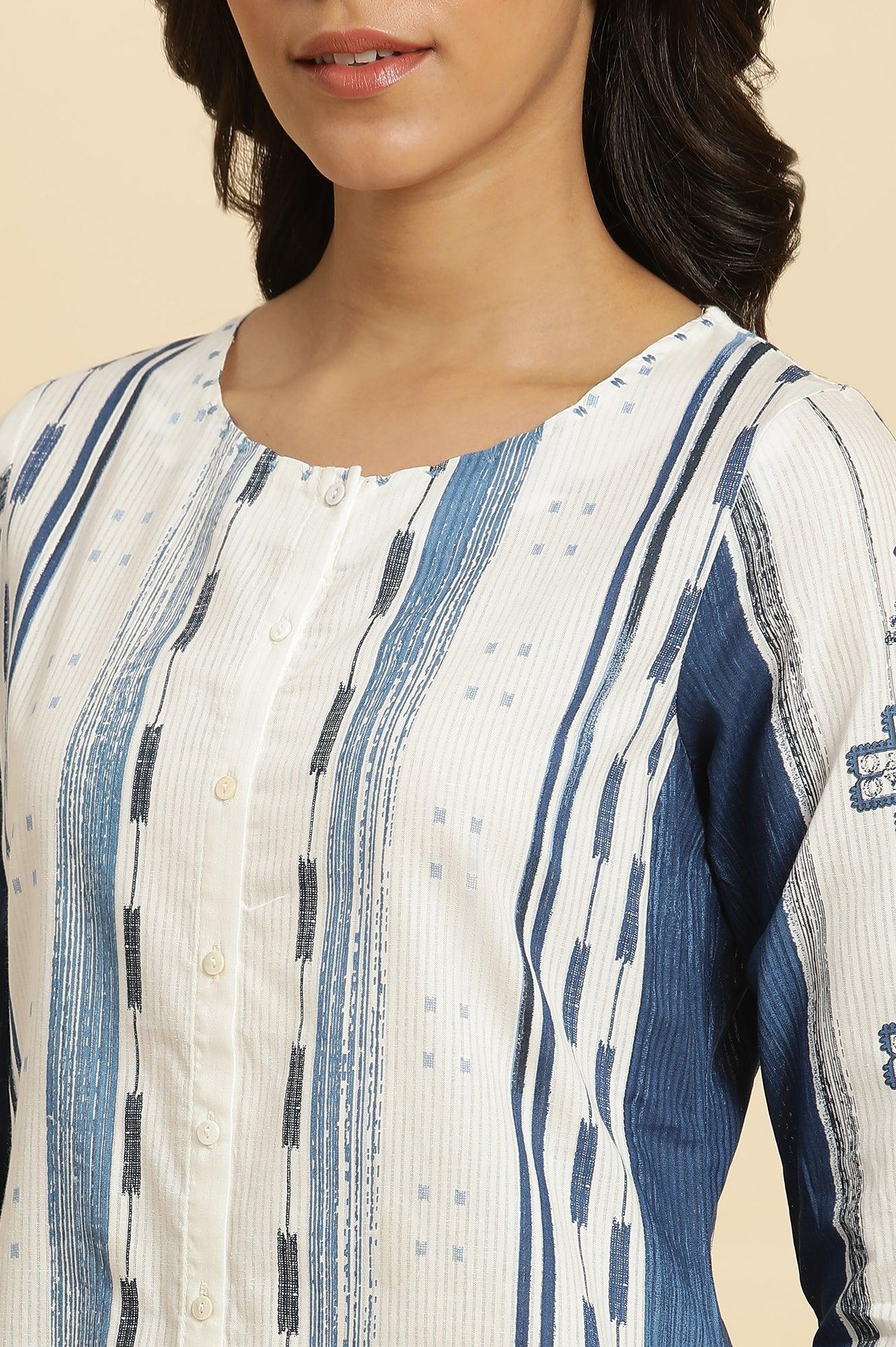 White &amp; Blue Kantha Printed Kurta - wforwoman