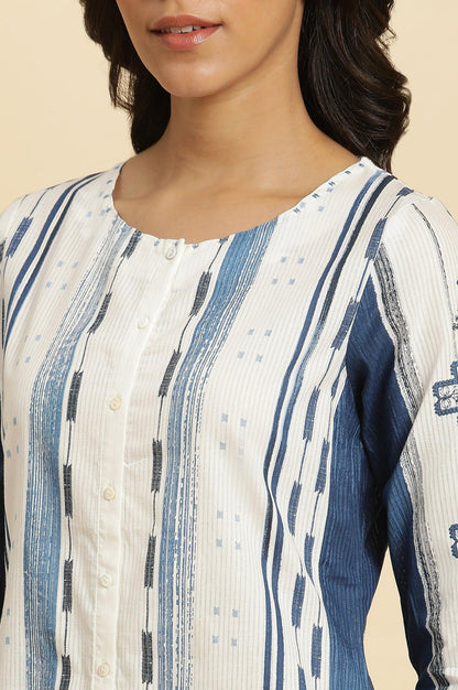 White &amp; Blue Kantha Printed Kurta - wforwoman