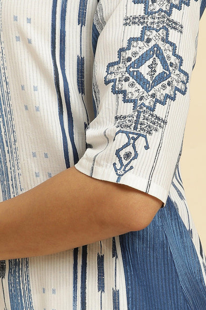 White &amp; Blue Kantha Printed Kurta - wforwoman