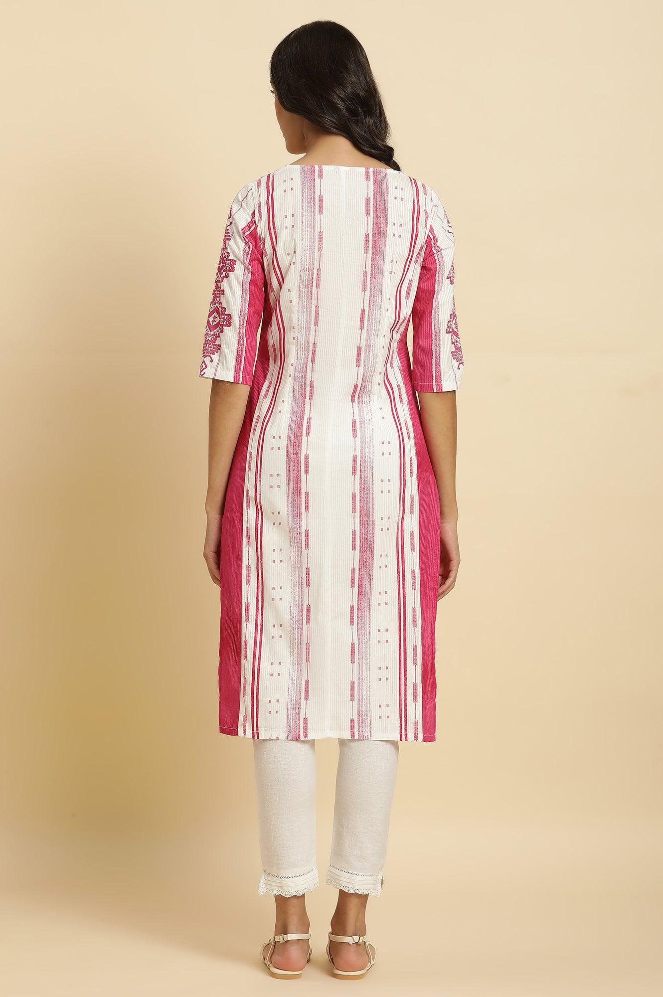 Pink &amp; White Kantha Printed Kurta - wforwoman