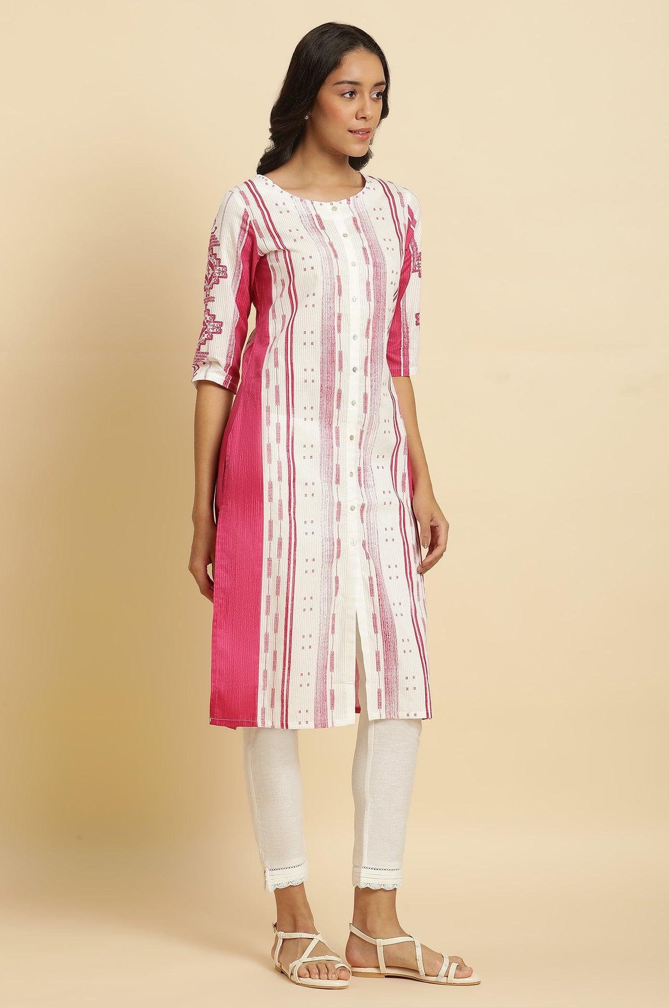 Pink &amp; White Kantha Printed Kurta - wforwoman
