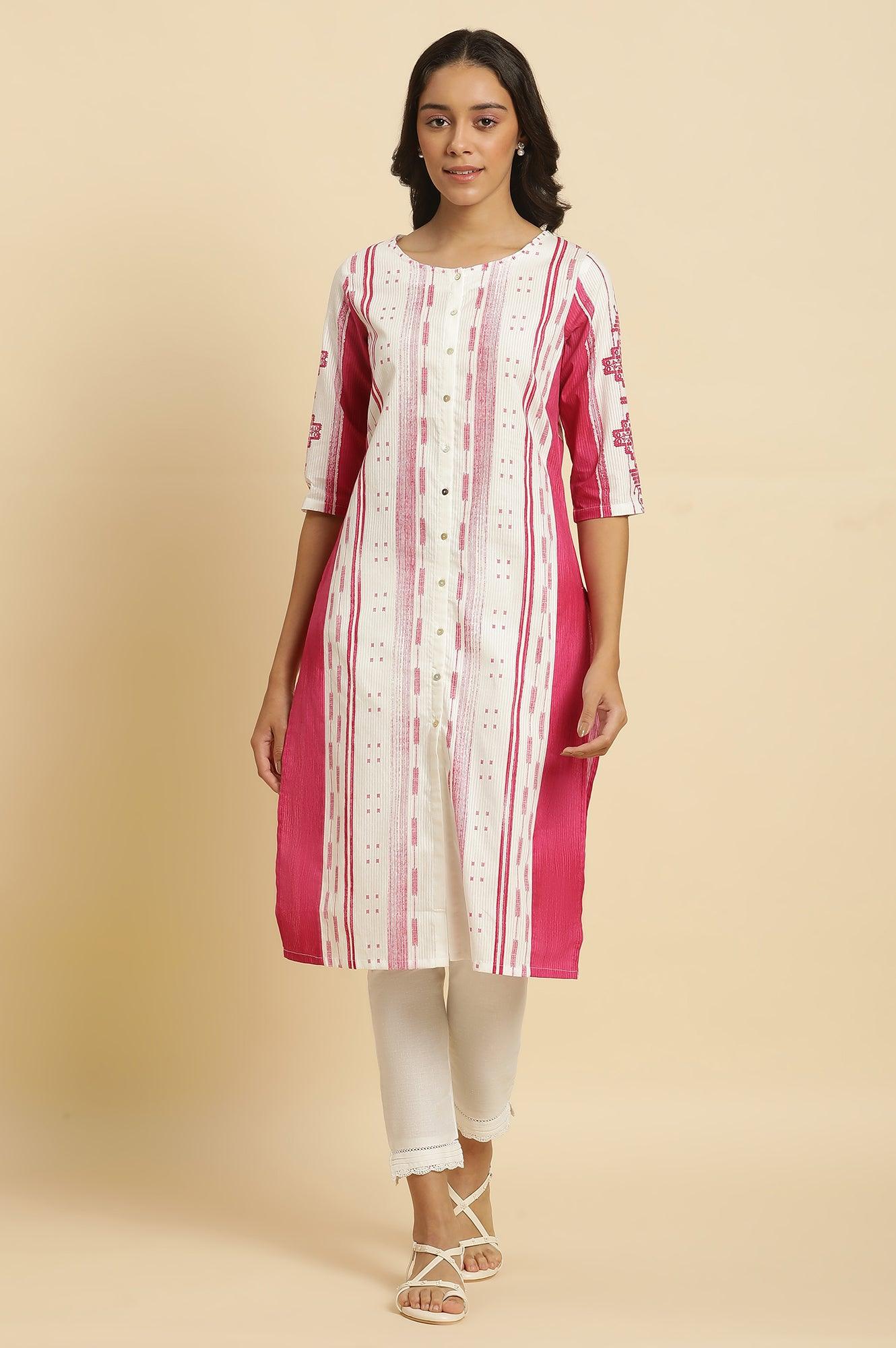 Pink &amp; White Kantha Printed Kurta - wforwoman