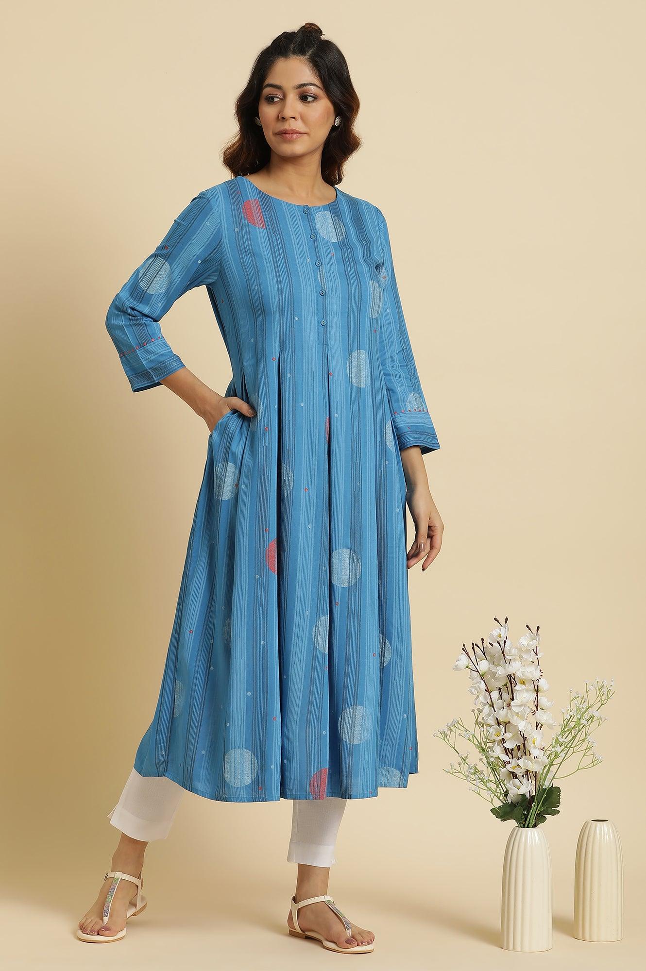 Blue Box Pleats Kurta With Kantha Details - wforwoman