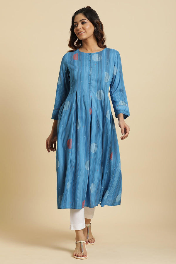 Blue Box Pleats Kurta With Kantha Details