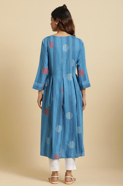 Blue Box Pleats Kurta With Kantha Details - wforwoman